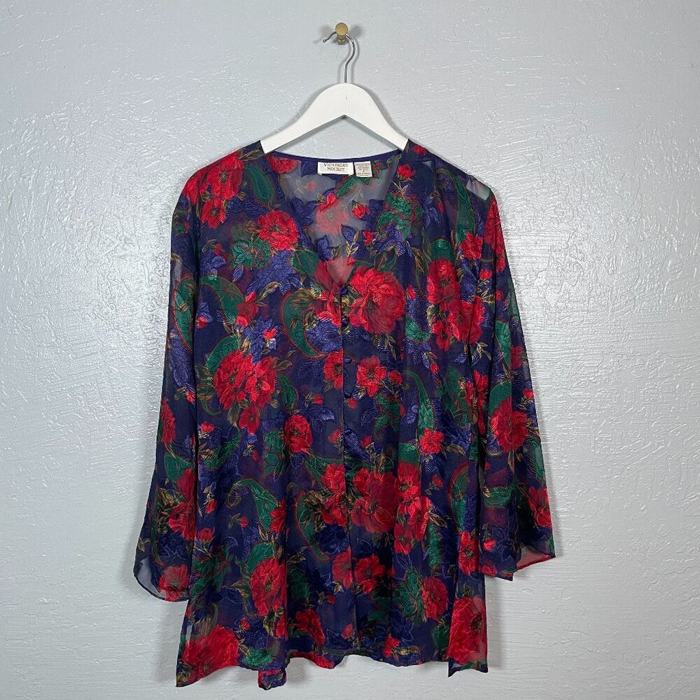 Vintage Victorias Secret Women S Red Purple Floral Pajama Top Gold Label Satin